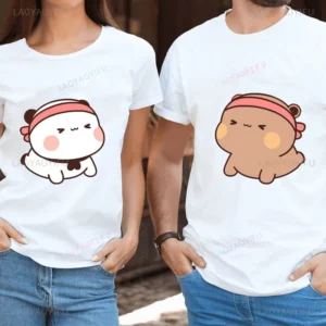 Cute Weight Lifting Fitness Graphic T-shirt Dudu and Bubu Do Yoga Printing Tees Humor Style Lovers' Clothes Valentine's Day Gift