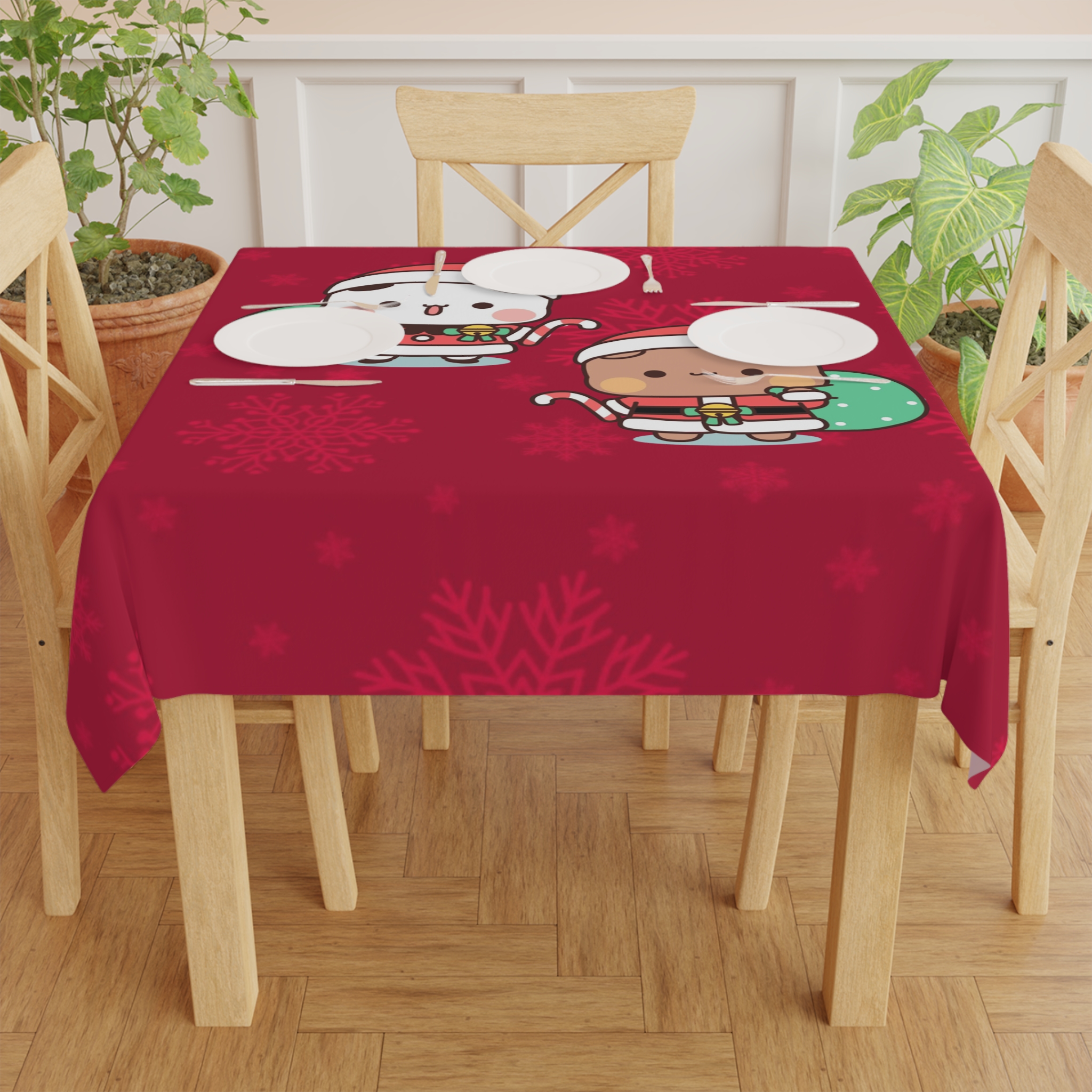 Bubu Dudu Christmas Tablecloth - Festive Bear and Panda Holiday Linen for Joyful Dining (140cm × 140cm) - Image 4